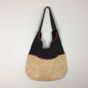 Sonoma Paper Straw Market Tote Bag Two Toned Natural Tan Black Orange Stripe